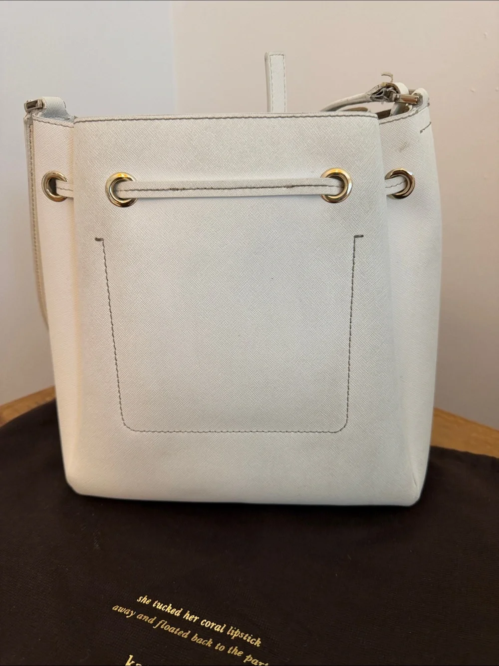 Vintage Kate Spade White Saffiano Leather Drawstring Bucket Crossbody Bag